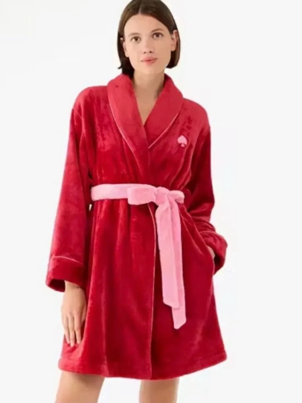 NWT Kate Spade Plush Red Robe with Pink Belt M